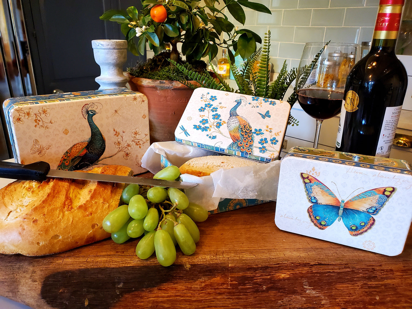 BUTTERFLY AND PEACOCK TIN SET