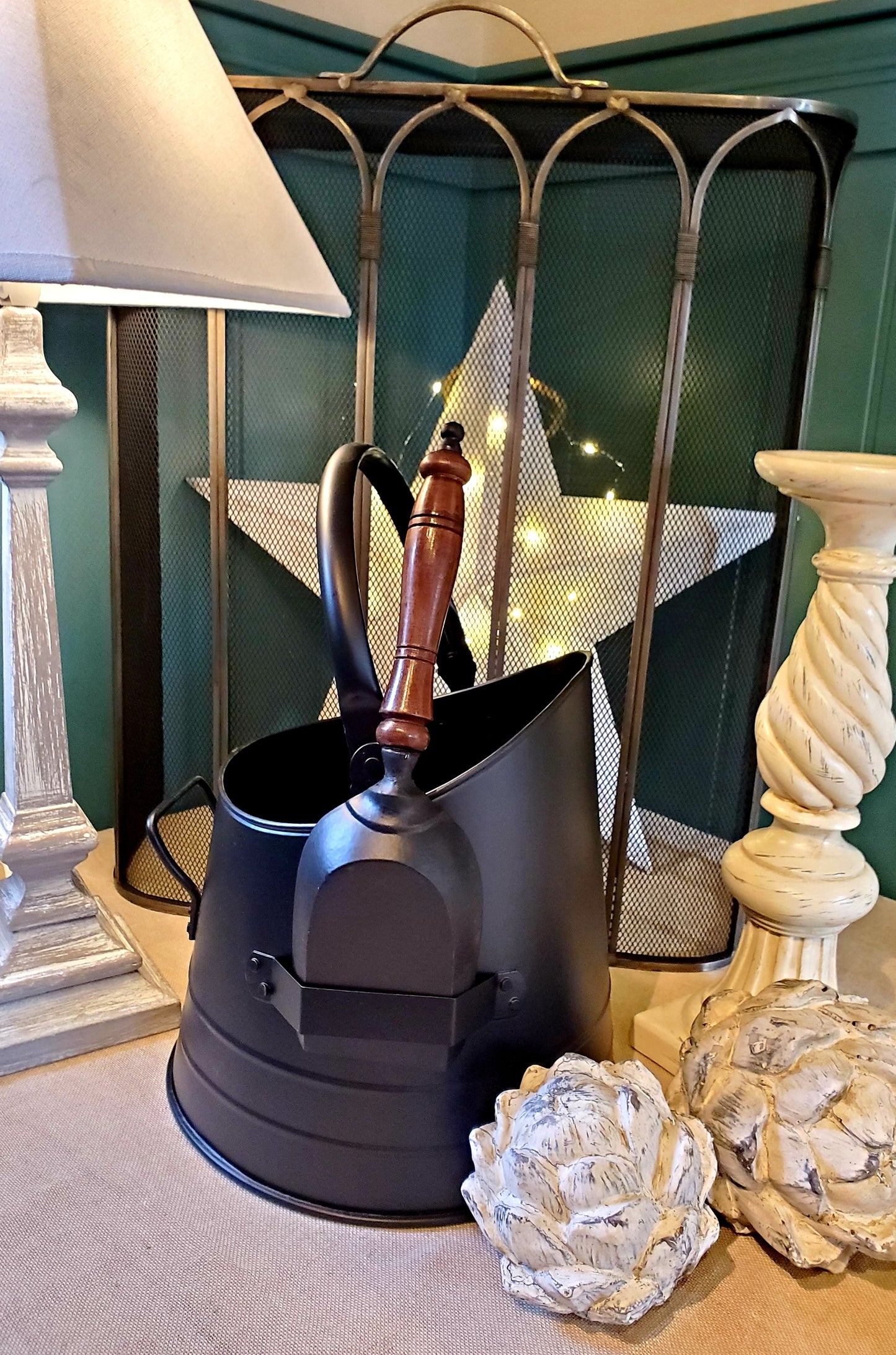 Black coal bucket with teak handle shovel