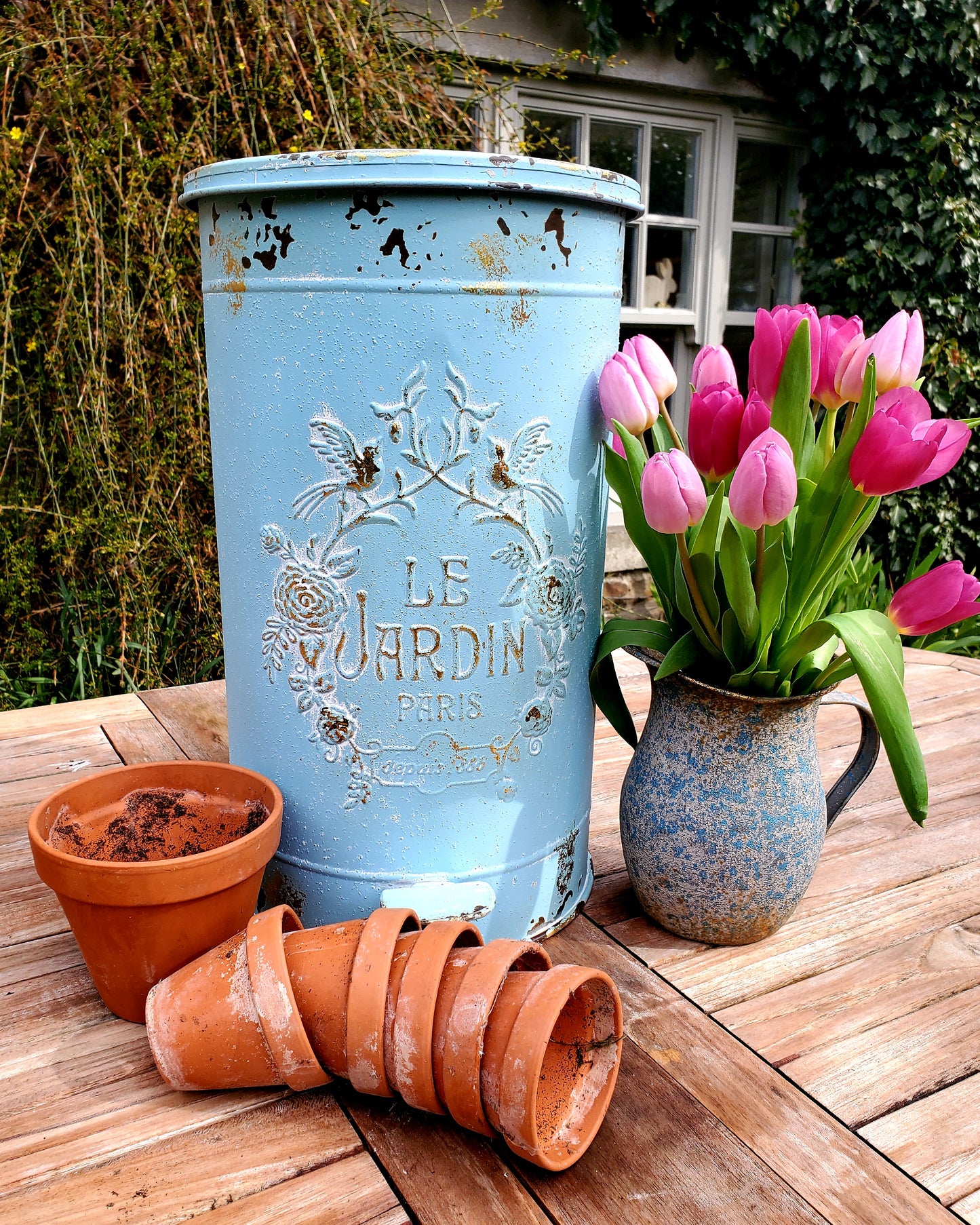HANDMADE BLUE GREEN PEDAL BIN "LE JARDIN" VINTAGE FRENCH LOOK