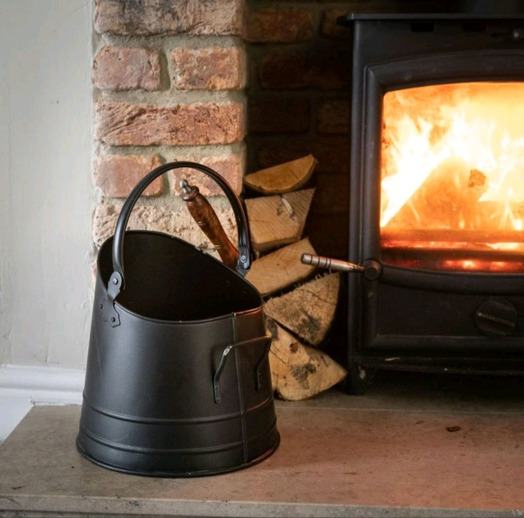 Black coal bucket with teak handle shovel