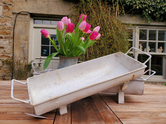 SET OF 2 CHALKY WHITE FINISHED METAL TROUGH PLANTERS