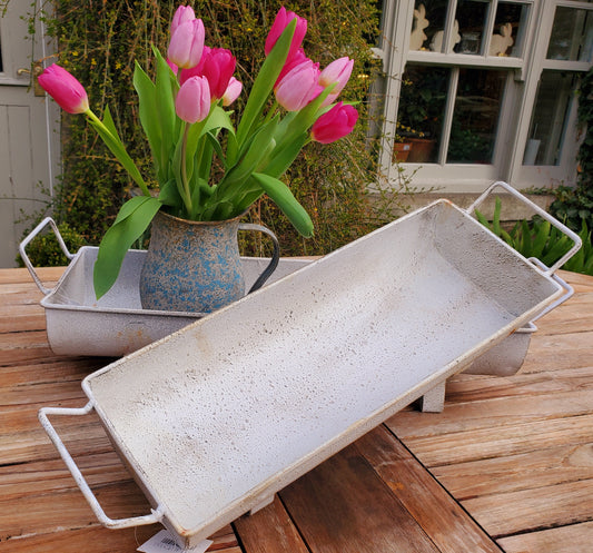 SET OF 2 CHALKY WHITE FINISHED METAL TROUGH PLANTERS