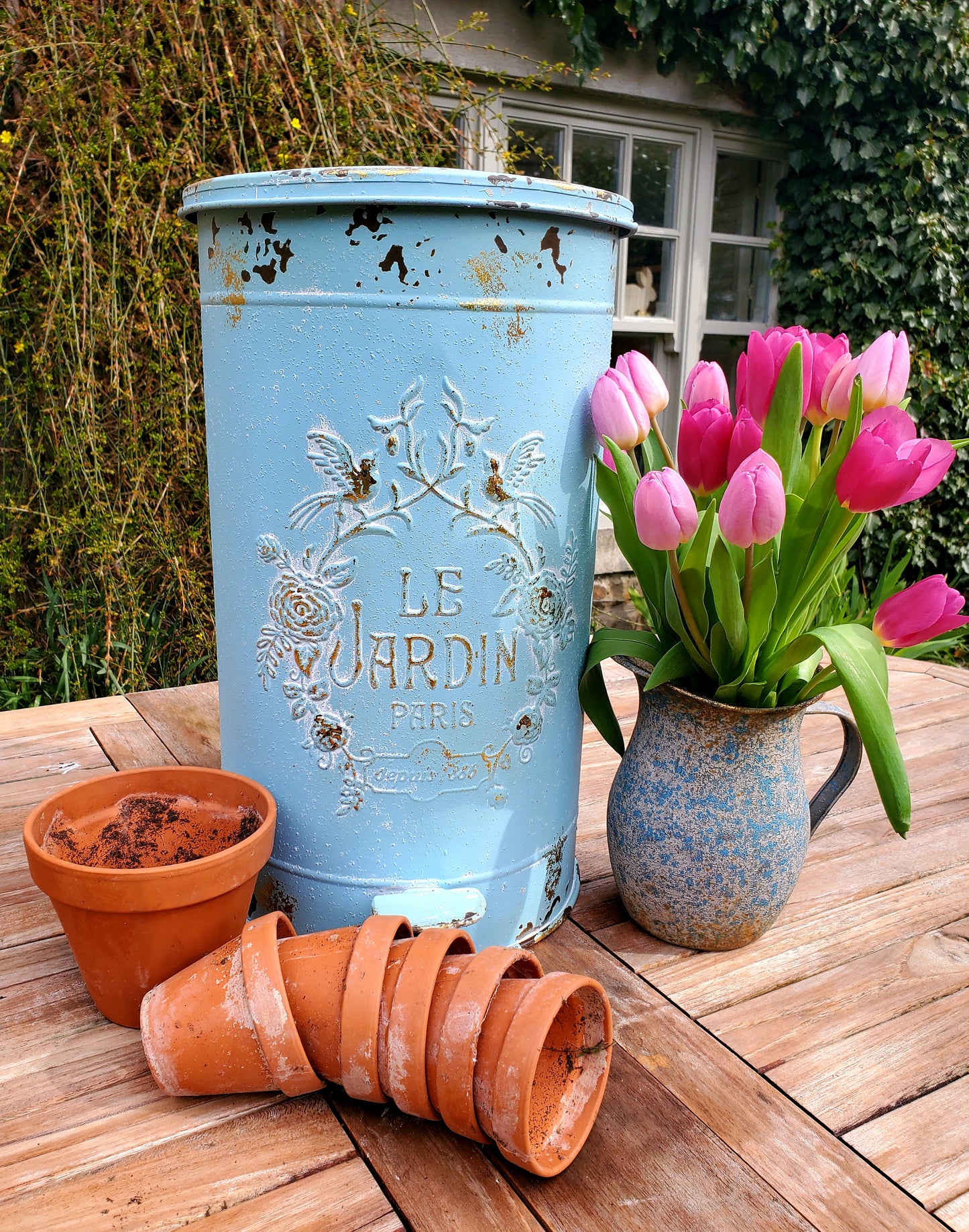 HANDMADE BLUE GREEN PEDAL BIN "LE JARDIN" VINTAGE FRENCH LOOK